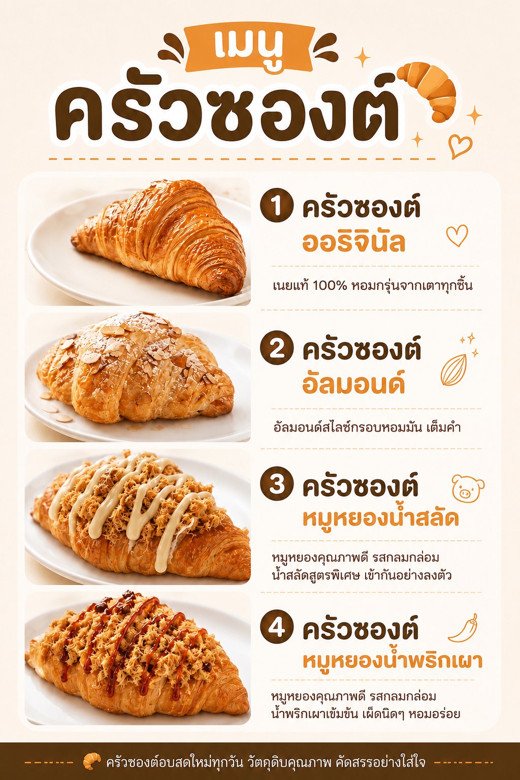 เมนูครัวซองต์ — ออริจินัล, อัลมอนด์, หมูหยองน้ำสลัด, หมูหยองน้ำพริกเผา