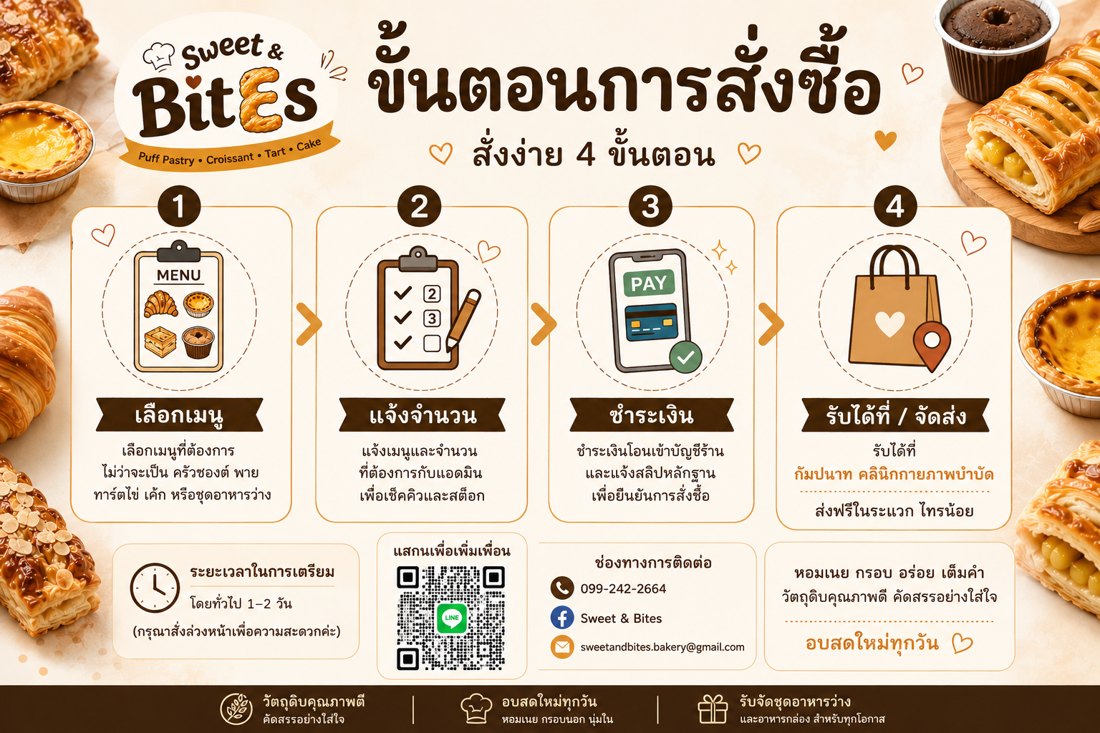 ขั้นตอนการสั่งซื้อ 4 ขั้นตอน — เลือกเมนู แจ้งจำนวน ชำระเงิน รับได้ที่/จัดส่ง