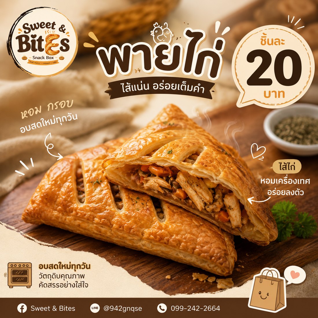 พายไก่ ชิ้นละ 20 บาท — ไส้แน่น อร่อยเต็มคำ