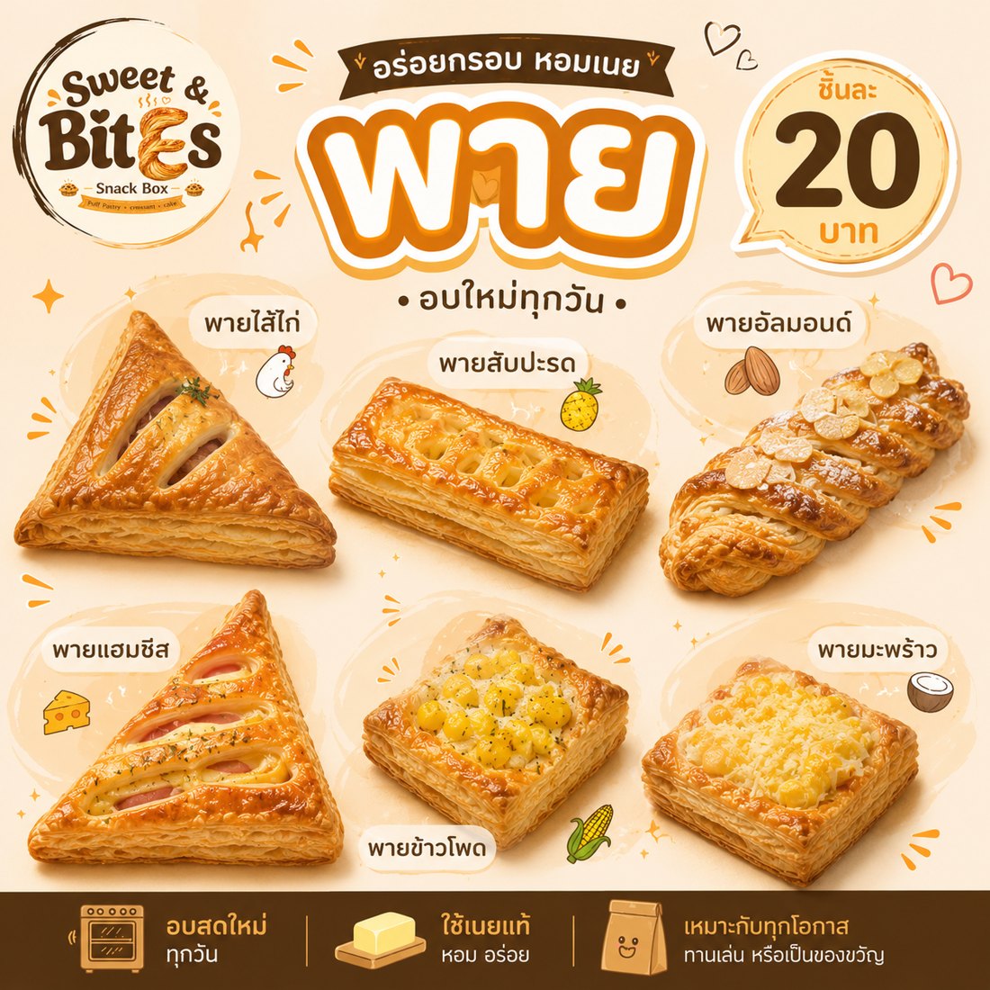 เมนูพาย 6 ชนิด ชิ้นละ 20 บาท — ไก่ สับปะรด อัลมอนด์ แฮมชีส ข้าวโพด มะพร้าว