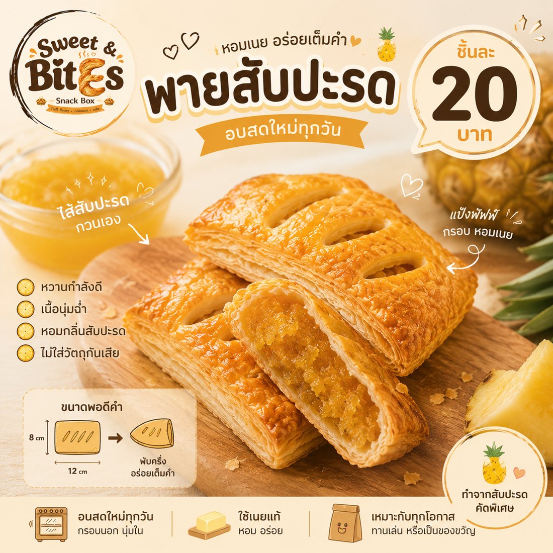 พายสับปะรด ชิ้นละ 20 บาท — ไส้สับปะรดกวนเอง แป้งพัฟฟ์กรอบหอมเนย